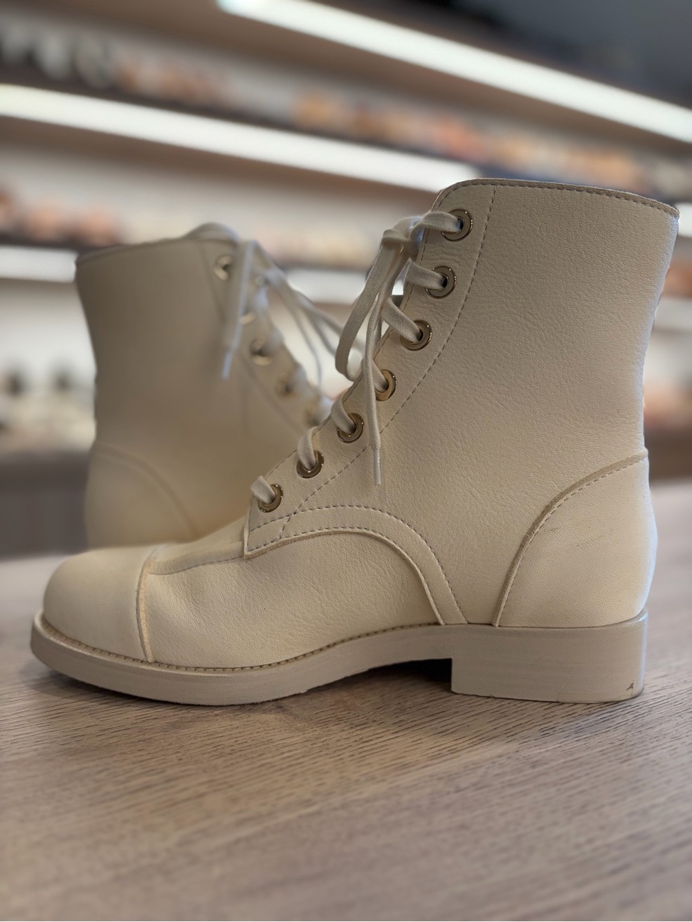CHANEL Cream Leather Lace-Up Combat Boots with Navy CC - Picture 6 of 8